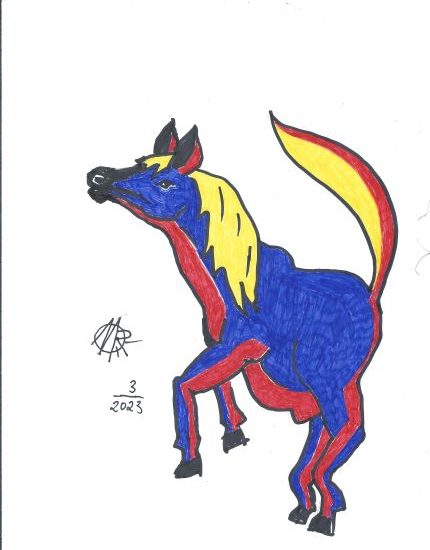 KUNST IV . Kunst, Kunst, Kunst ... von RIEDY . COLOR-PFERD 2023 (M.R.) , Ein glückliches Pferd. Schnute, Ohren, Füße und Schwanz zeigen zur Sonne! HAPPY HORSE! Abstrakt, und doch elegant !