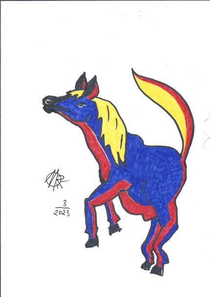 KUNST IV . Kunst, Kunst, Kunst ... von RIEDY . COLOR-PFERD 2023 (M.R.) , Ein glückliches Pferd. Schnute, Ohren, Füße und Schwanz zeigen zur Sonne!  HAPPY HORSE! Abstrakt, und doch elegant !